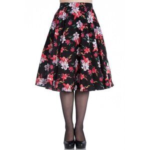 Hell Bunny Liliana 50s Size Small Black Lily Floral Print Knee Length Skirt NWOT